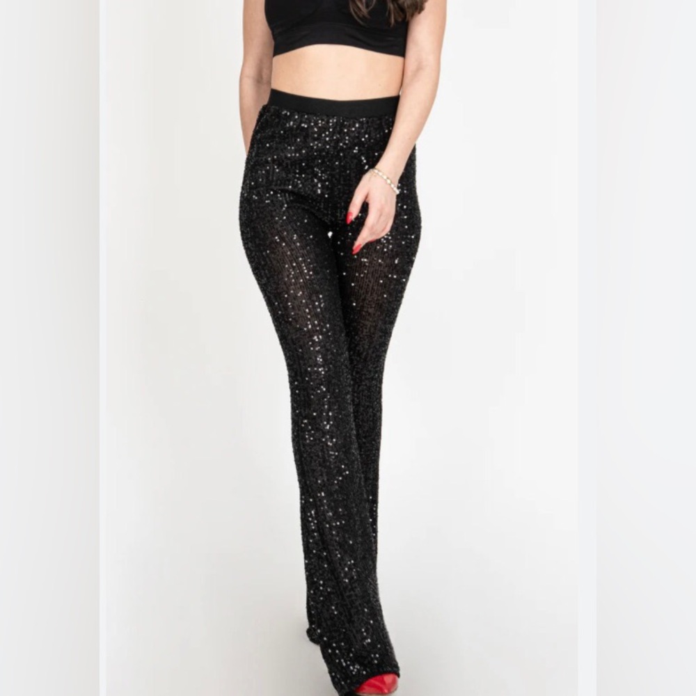 Black High-Waisted Sequin Wide Leg Pants